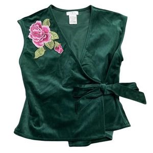 CAD Velvet Vest Womens Extra Small Green Embroidered Wrap Rose Glam Retro